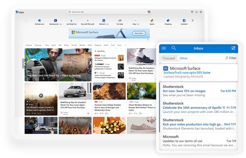 A tablet and a smartphone displaying different screens. The tablet screen shows the MSN homepage with various news articles, images, and advertisements. The smartphone screen displays an email inbox with messages from Microsoft Surface and Shutterstock.