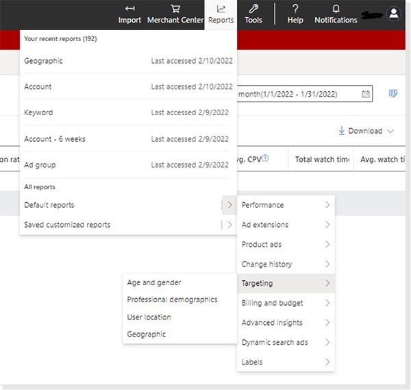 Snapshot of the Microsoft Advertising reporting dashboard.