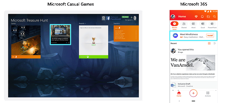 Two examples of ads. One on the Microsoft Casual Games platform and one on Microsoft 365.
