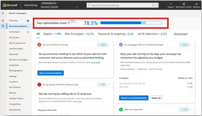 Product view of the Recommendations page, with Optimization Score displayed at the top.