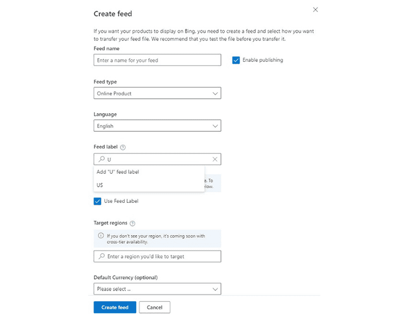 Configuración de etiqueta de feed en Microsoft Advertising.